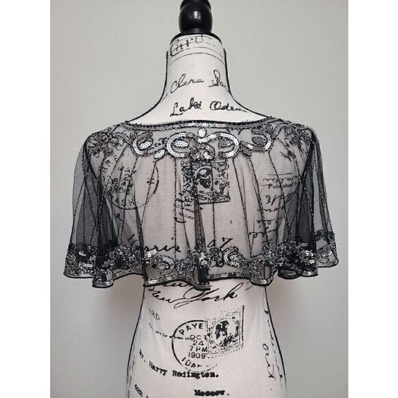 ✨ Sequin Mesh Evening Party Retro Flapper 1920s Shawl Wrap Cover Up Cape NEW - Picture 3 of 13